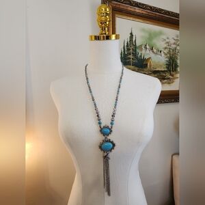 NWT. Shyanne Turquoise and Silver Long Pendant Necklace